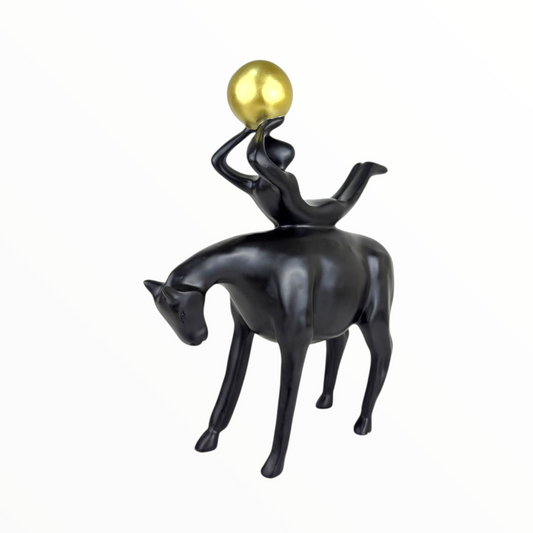 Black Abstract Horse Rider Statue with Gold Sphere – Modern Luxury Decor