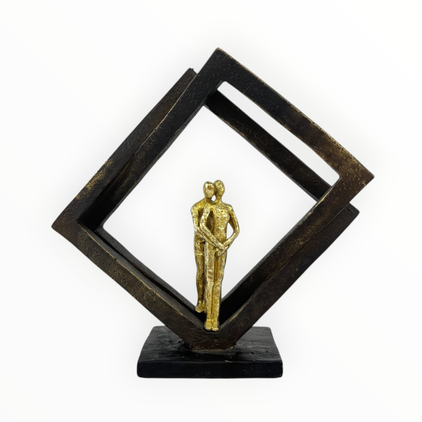Golden Couple Embrace Statue with Geometric Frame – Modern Romantic Home Decor