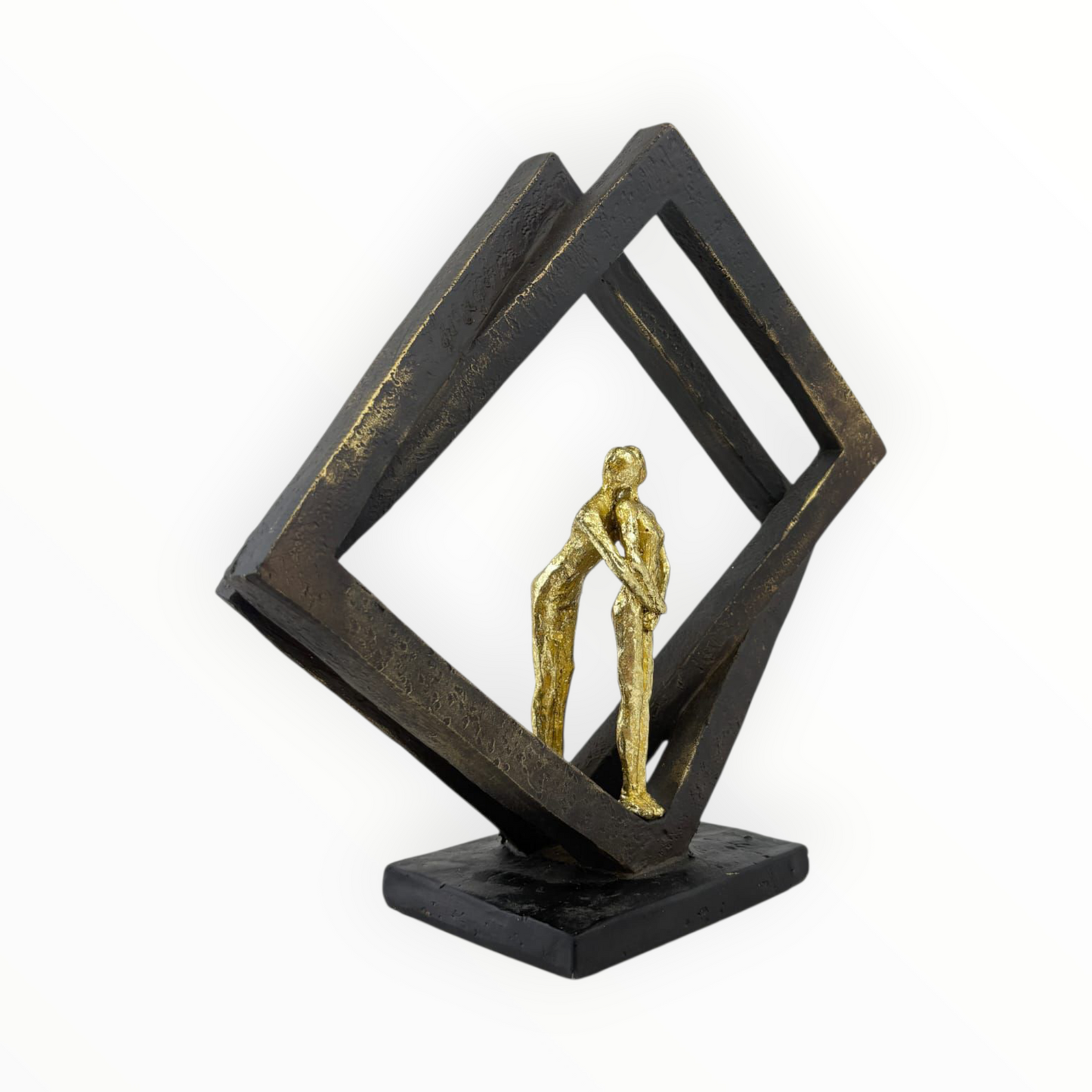 Golden Couple Embrace Statue with Geometric Frame – Modern Romantic Home Decor
