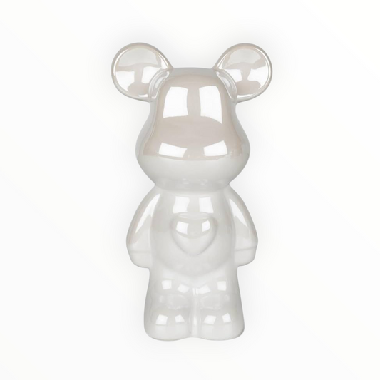 Beige Glossy Bear Statue with Heart – Cute Minimal Home Decor