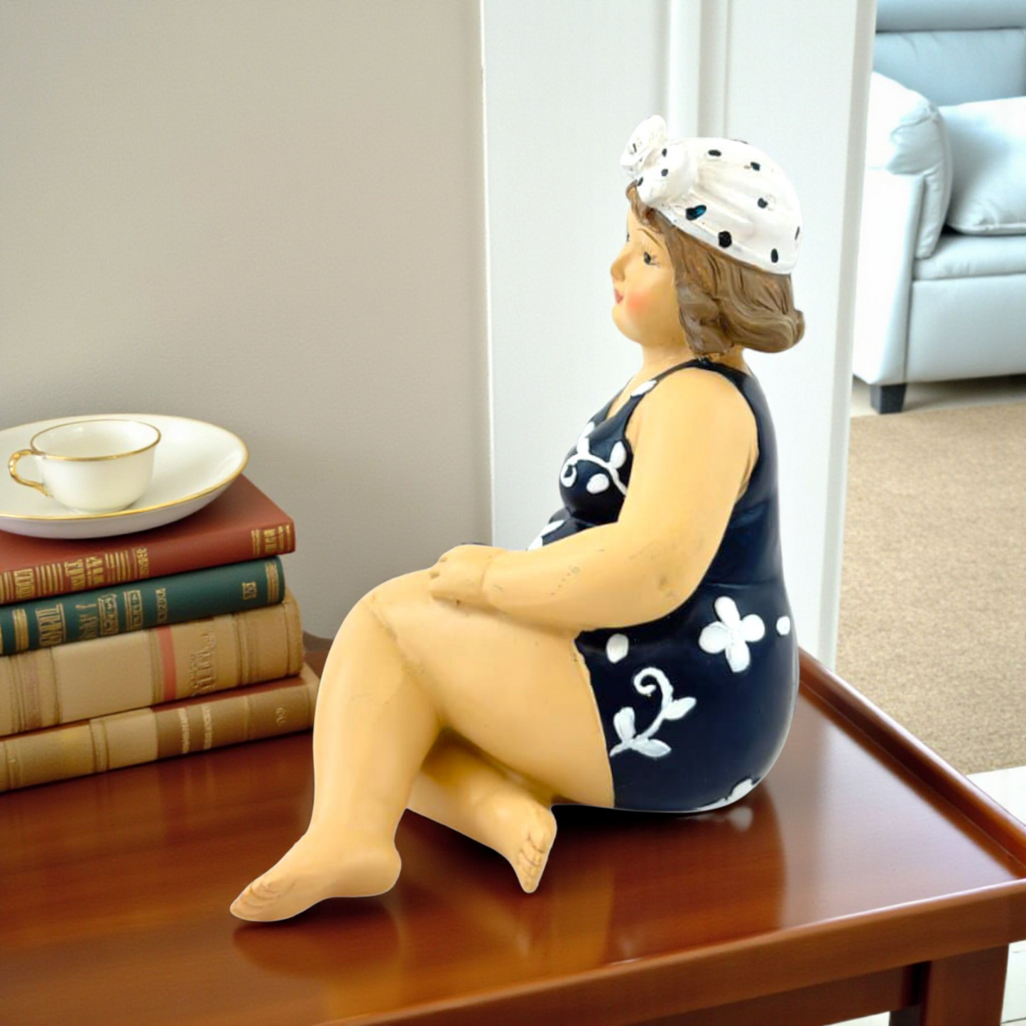 Body-Positive Seated Lady Figurine – Floral Swimsuit Décor