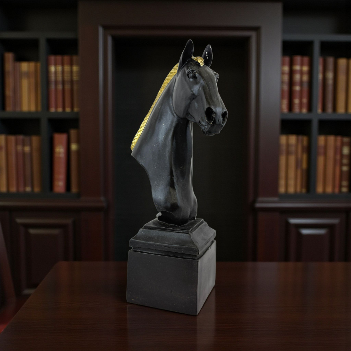 Black Horse Bust Sculpture with Gold Detail – Elegant Home & Office Decor