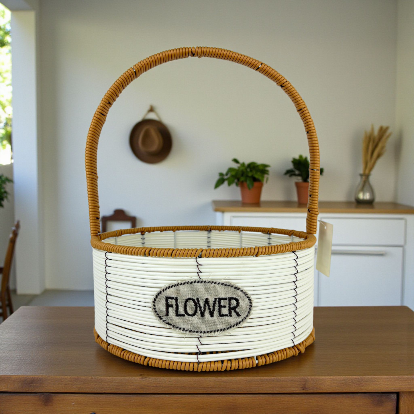 Large Round Flower Basket with Tall Handle – White & Brown Woven Decorative Organizer