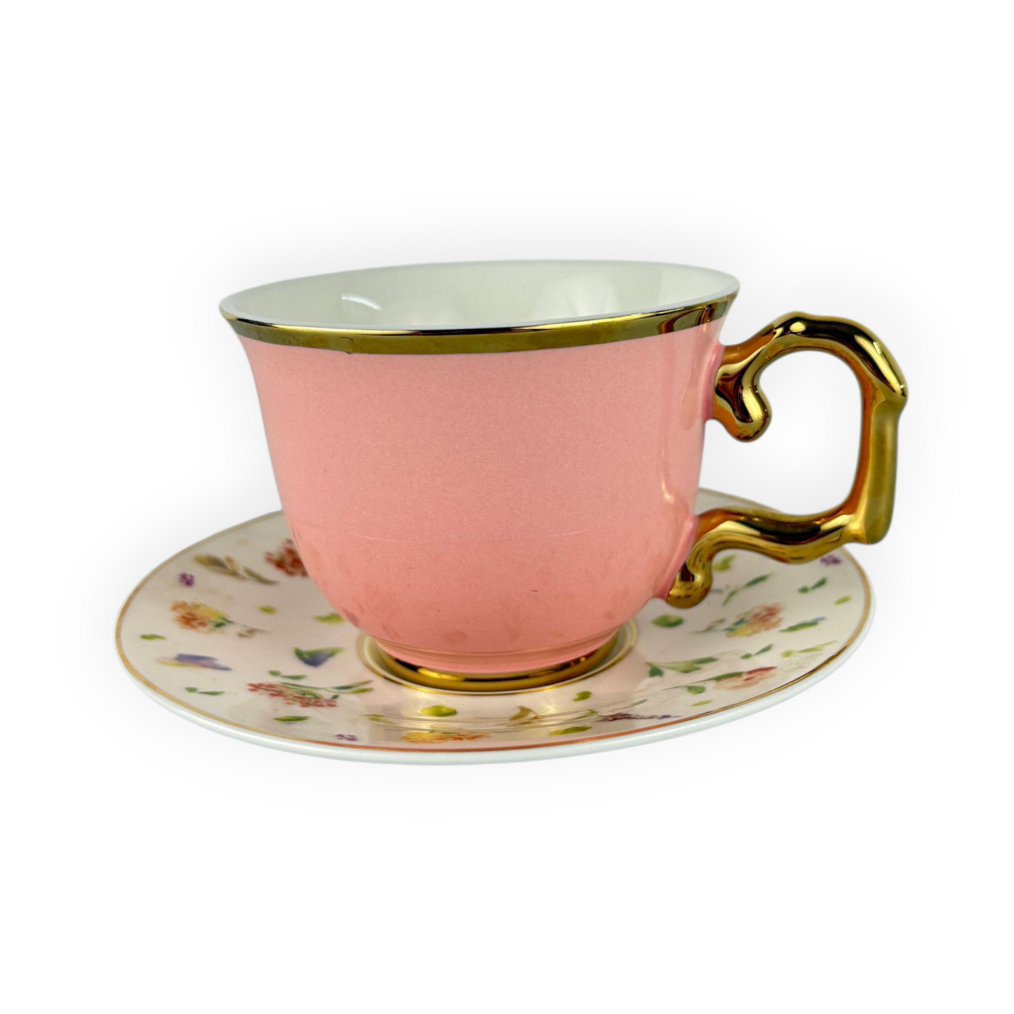 Luxury Pink Porcelain Teacup with Gold Handle & Floral Saucer – Premium Tea Cup Set 12pcs