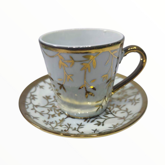 White Porcelain Espresso Cup & Saucer – Gold Leaf Design