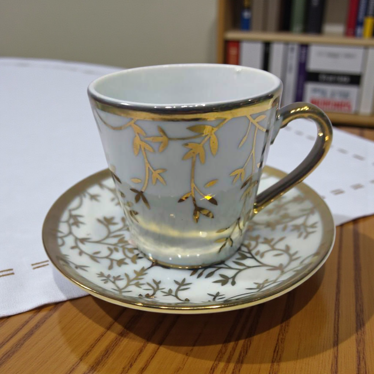 White Porcelain Espresso Cup & Saucer – Gold Leaf Design