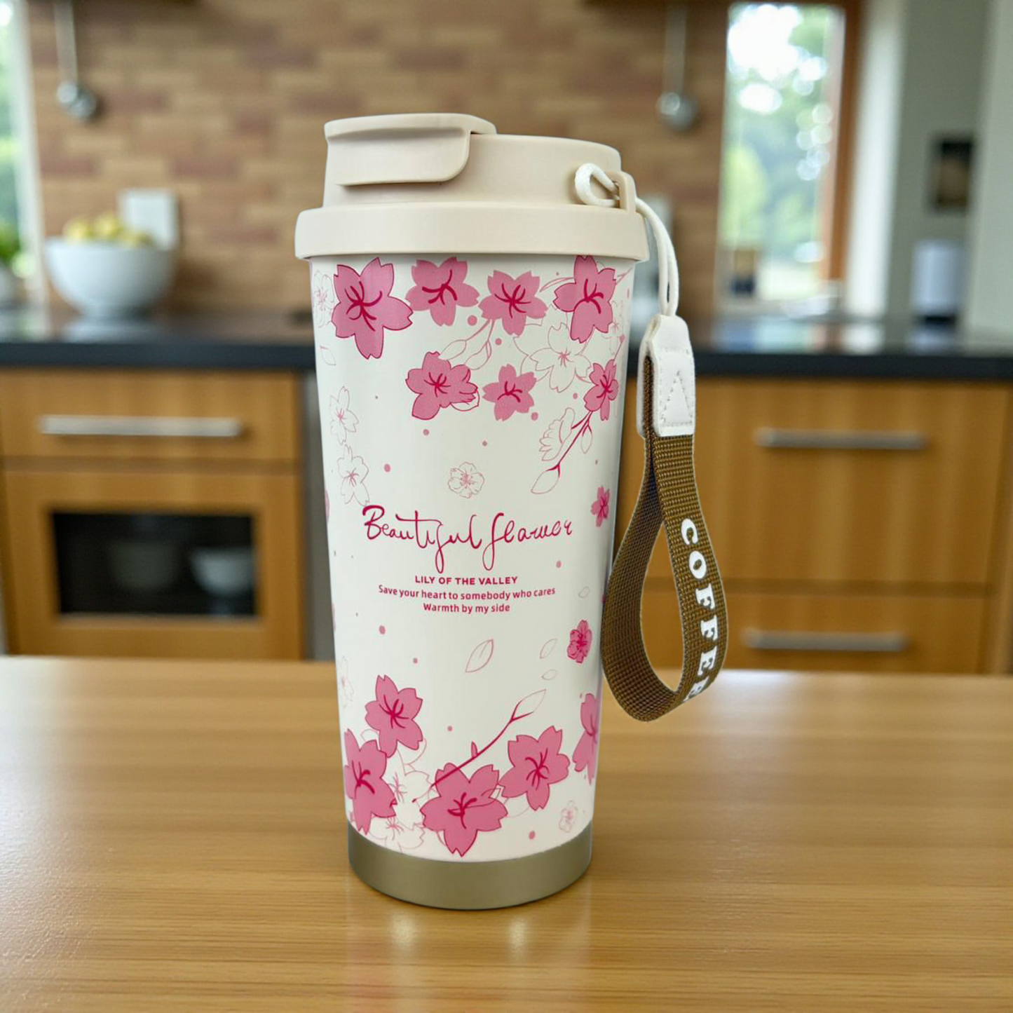 Pink Floral Travel Tumbler – Leakproof Insulated Coffee Cup (Beautiful Flowers Design)