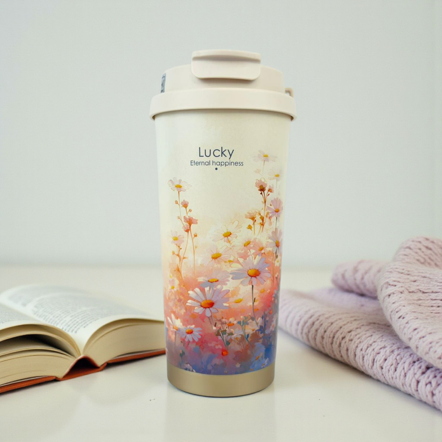 Lucky Travel Tumbler – Leakproof Insulated Cup with Daisy & Sunset Floral Design
