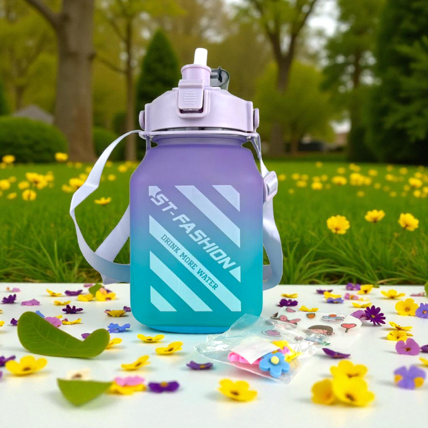 Kids Gradient Water Bottle with Stickers – ST-Fashion Leak-Proof Bottle with Straw & Strap (Purple–Teal, 1L)