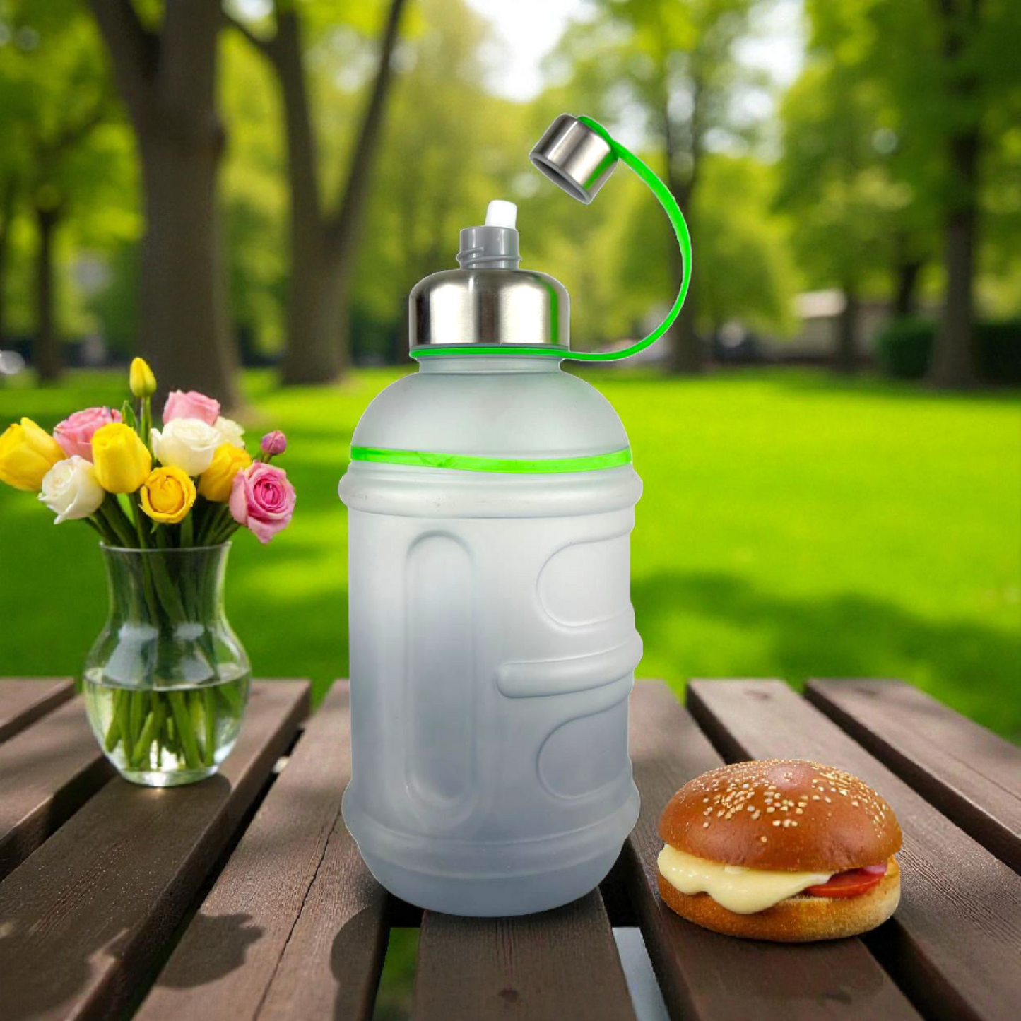 Portable 1L Frosted Water Bottle with Stainless Steel Lid & Red Handle – Leak-Proof Sports Bottle