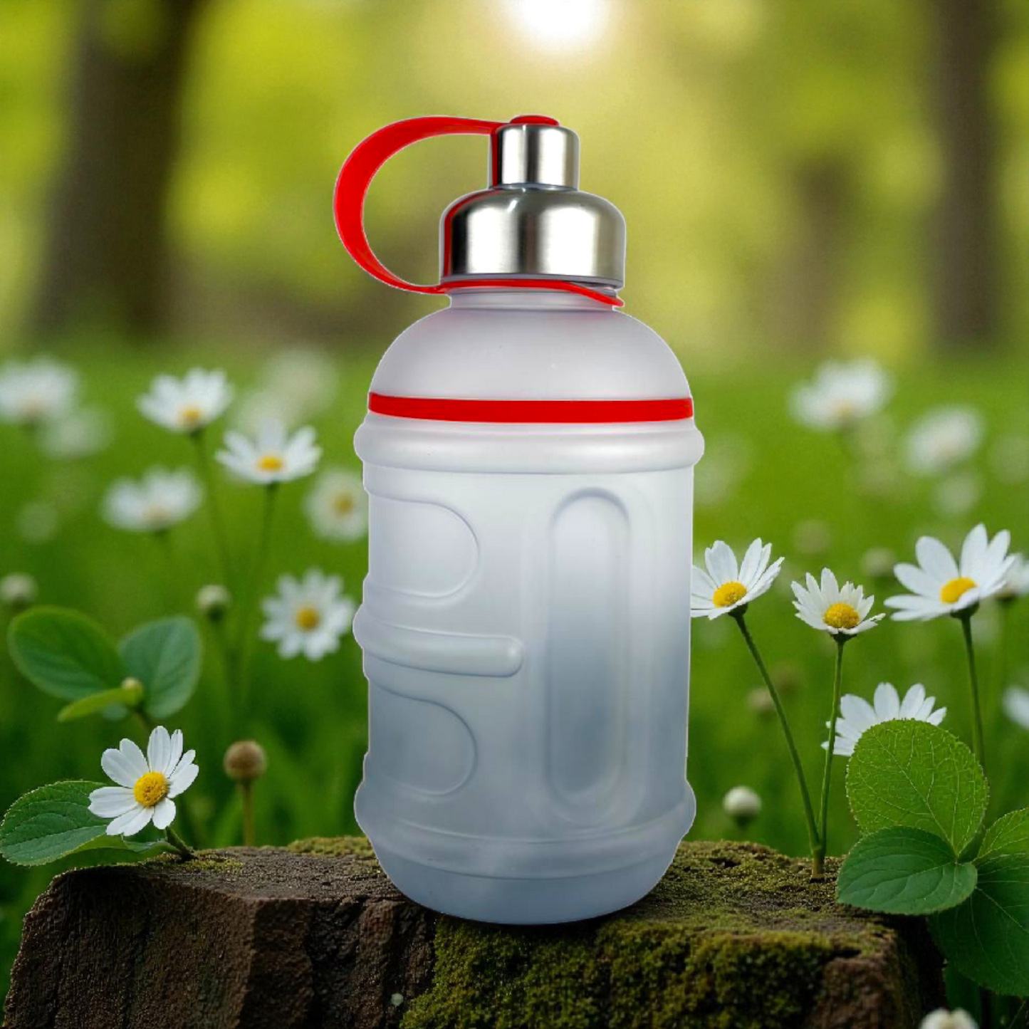 Portable 1L Frosted Water Bottle with Stainless Steel Lid & Red Handle – Leak-Proof Sports Bottle
