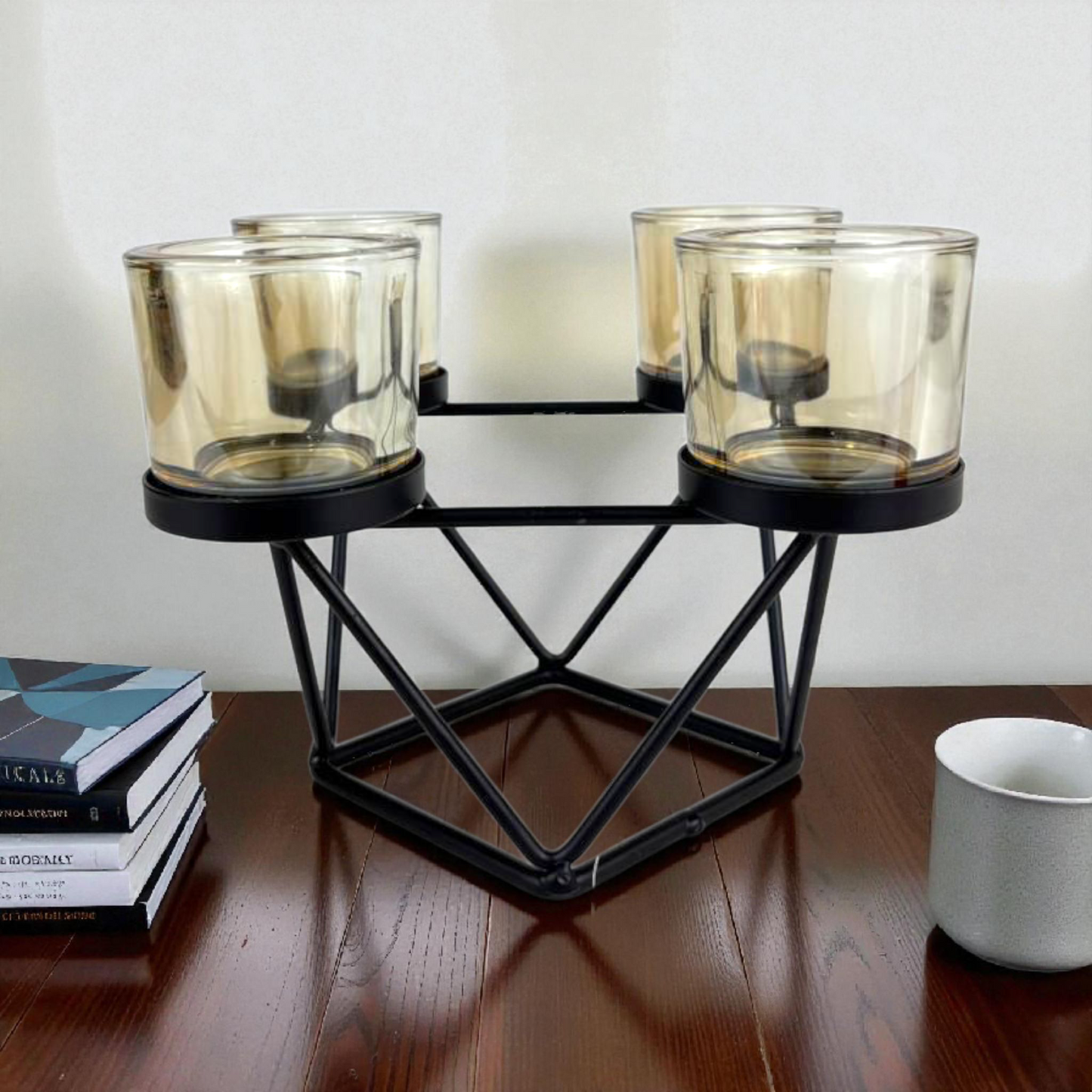 Modern 4-Cup Geometric Candle Holder – Black Metal Frame with Amber Glass Cups