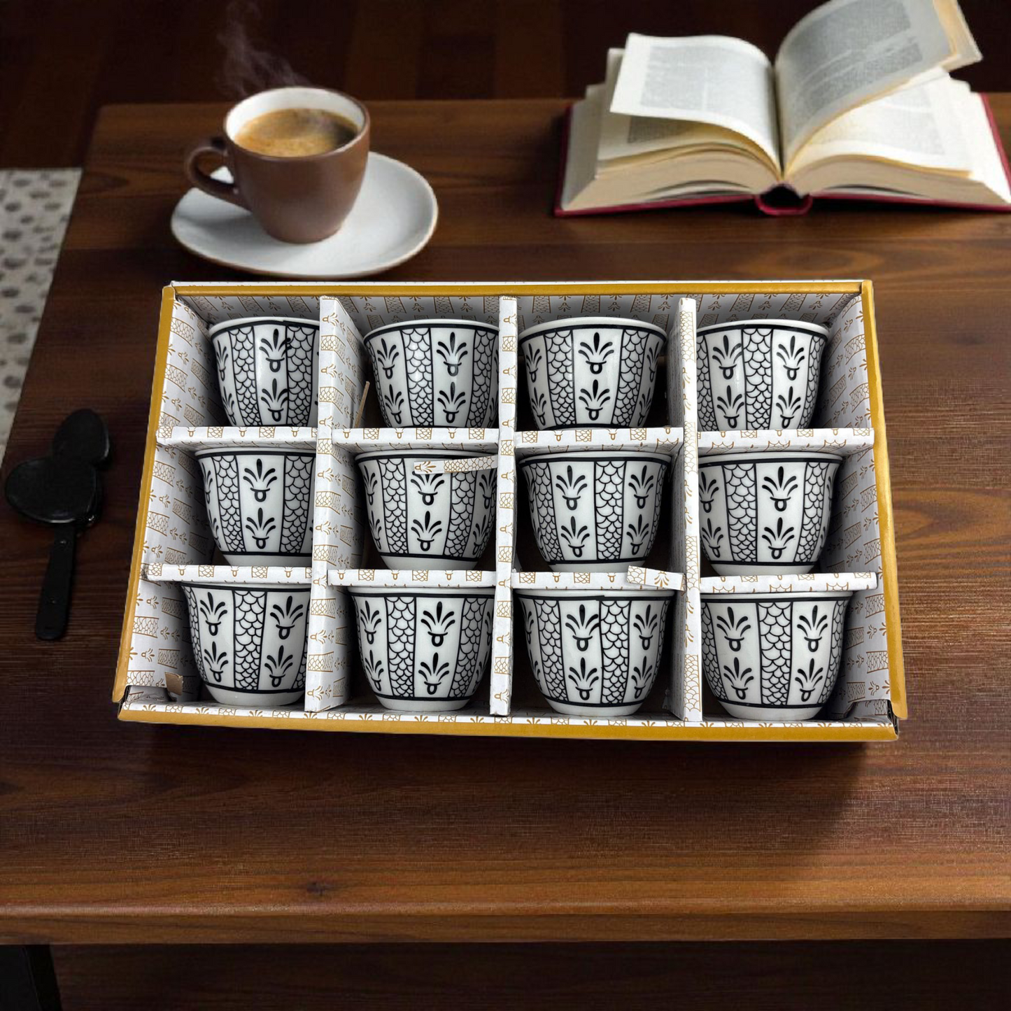 12-Piece Arabic Coffee Cups Set – Premium Black & White Finjan (Ceramic Traditional Design)