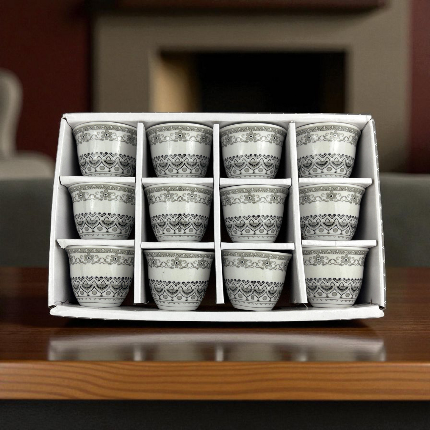 12-Piece Arabic Coffee Cups Set – Grey Traditional Pattern Finjan (Premium Ceramic)