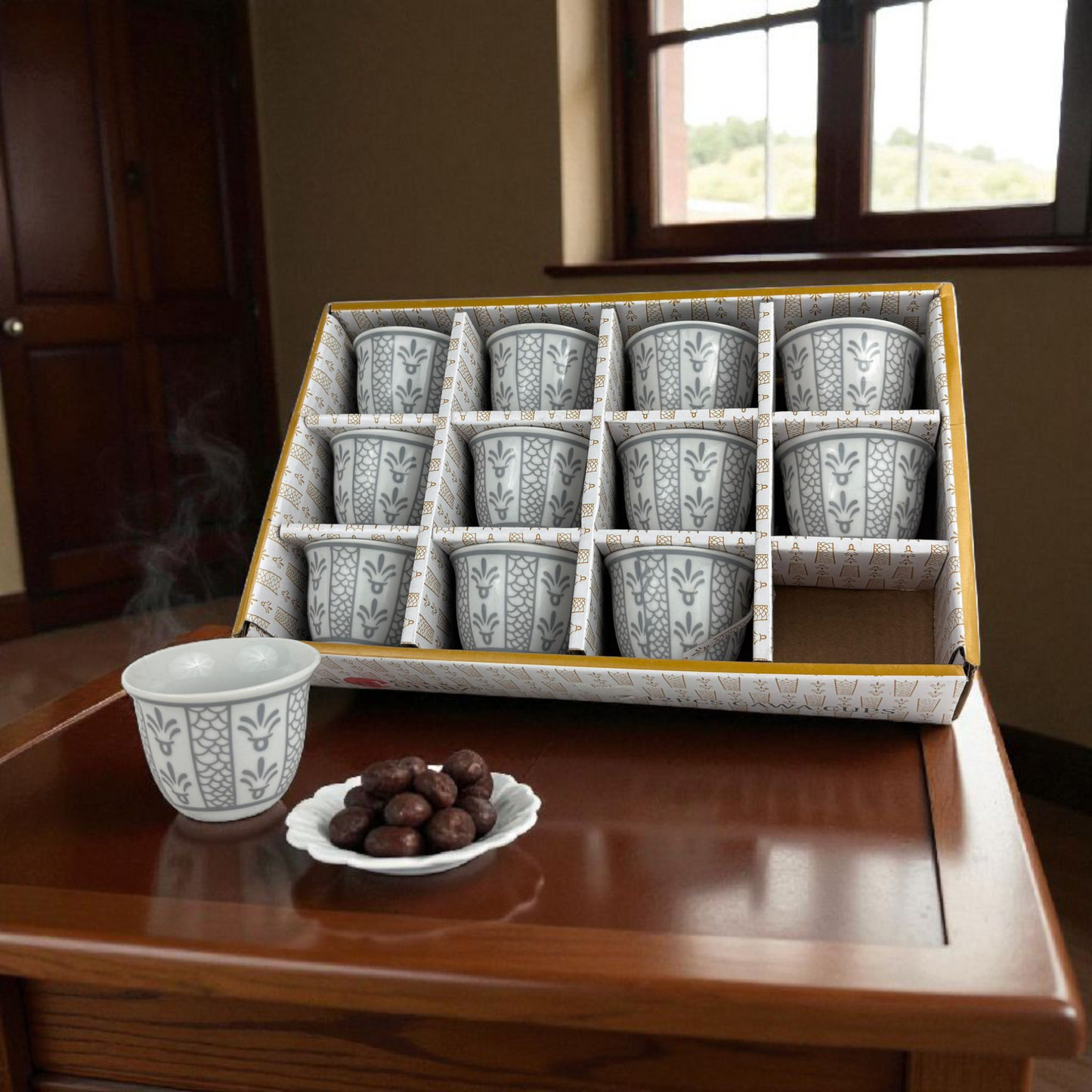 12-Piece Arabic Coffee Cups Set – Classic Grey Finjan with Traditional Pattern