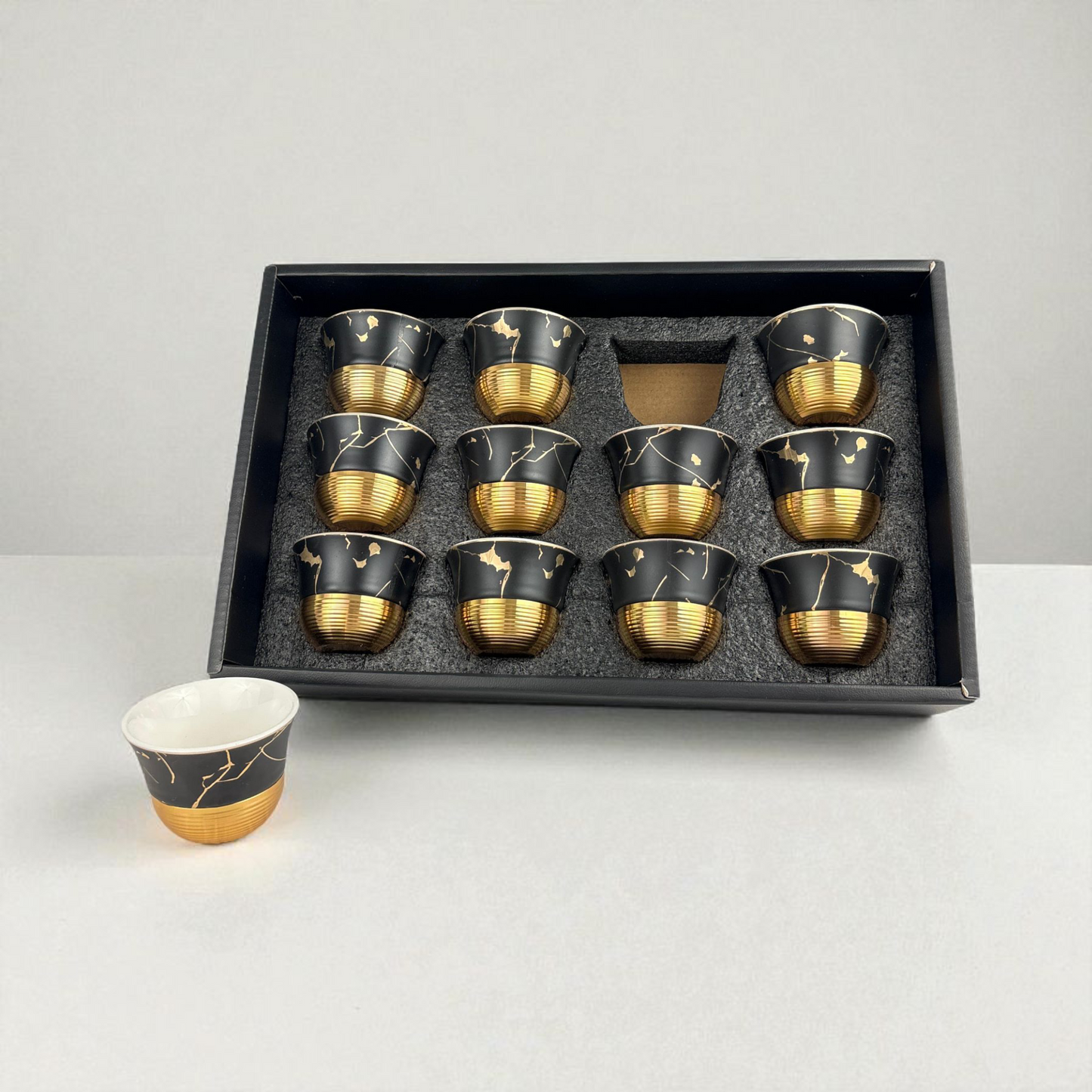 12-Piece Black & Gold Marble Arabic Coffee Cups – Premium Ceramic Finjan Set