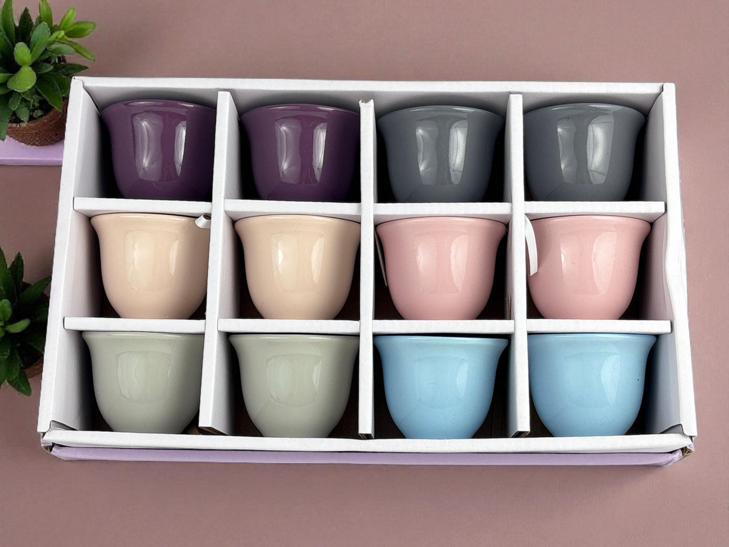 12-Piece Matte Pastel Arabic Coffee Cups – Multicolor Finjan Set (Premium Ceramic)