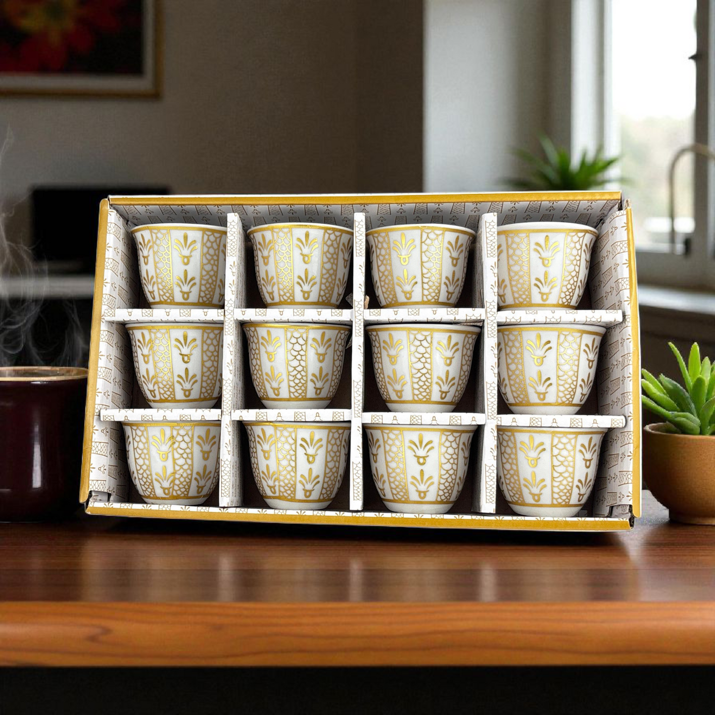 12-Piece Arabic Coffee Cups Set – Premium Gold Pattern Finjan (Ceramic)