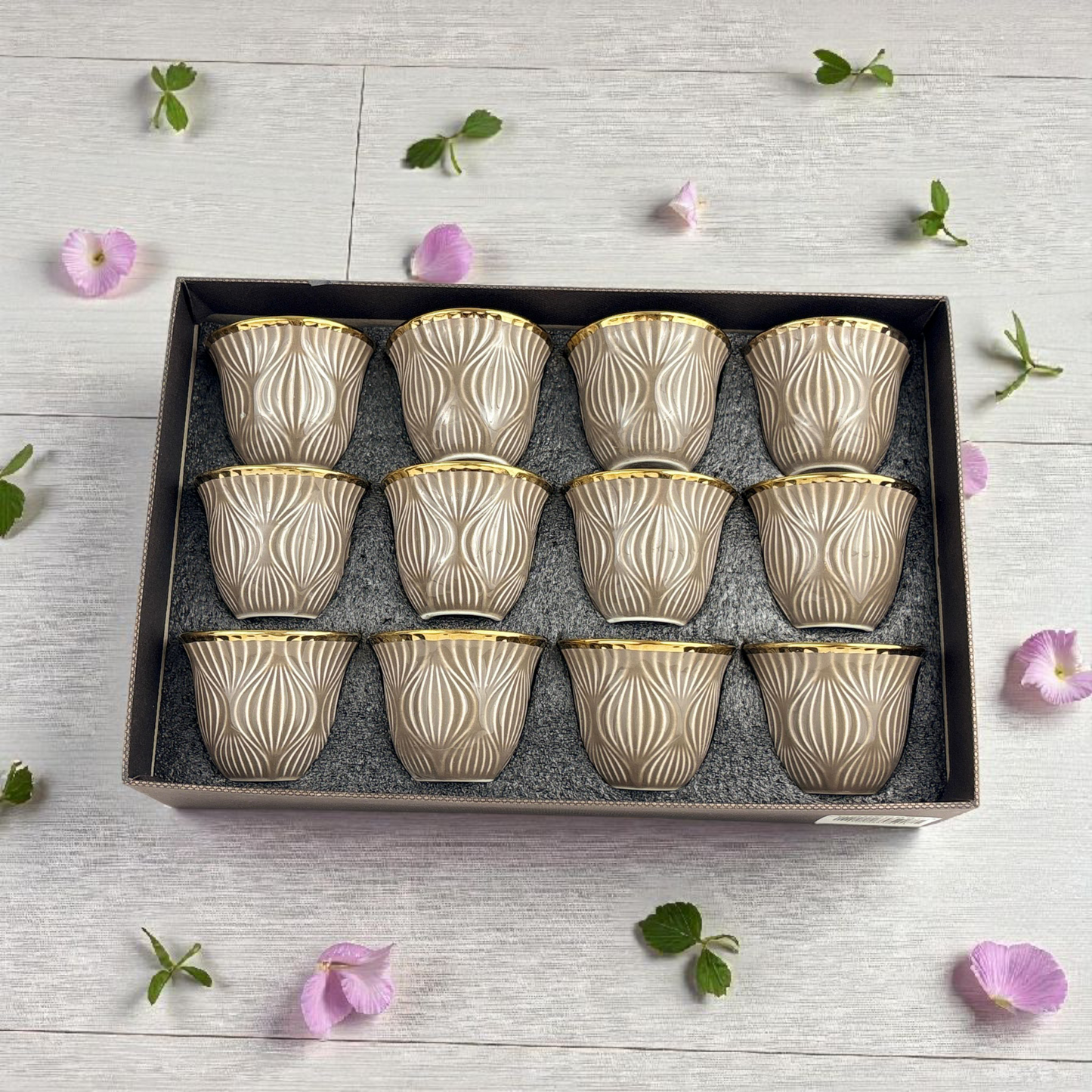 12-Piece Premium Arabic Coffee Cups – brown Embossed Finjan Set with Gold Rim (Ceramic)