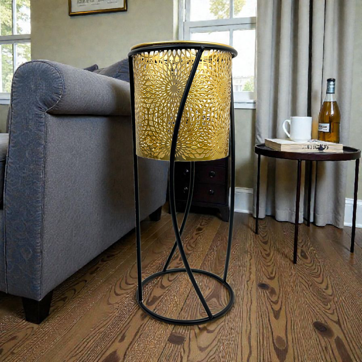Modern Metal Floor Lantern with Gold Hammered plant Holder – Decorative Standing Holder for Home & Garden