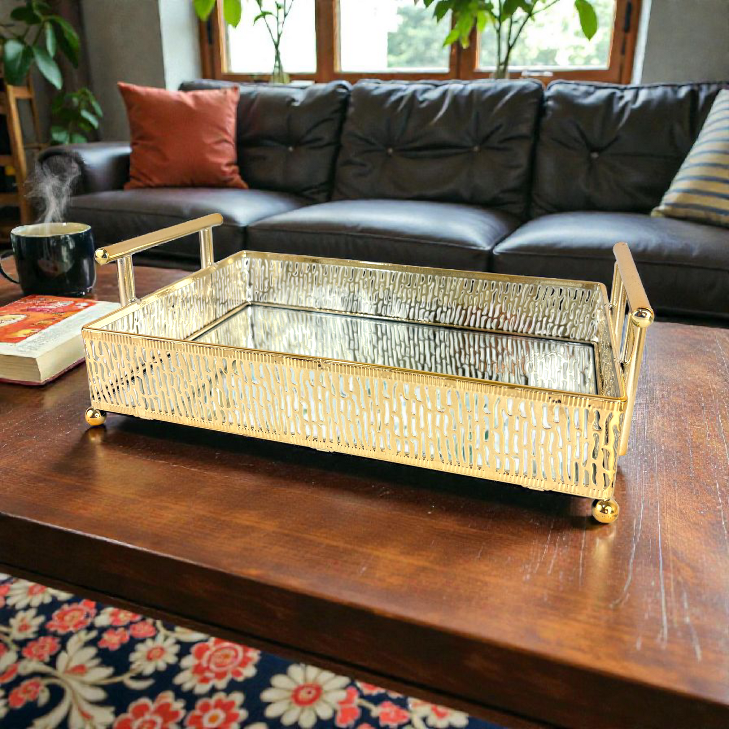 Luxury Gold Metal Decorative Tray with Glass Base – Serving, Vanity & Home Décor Organizer