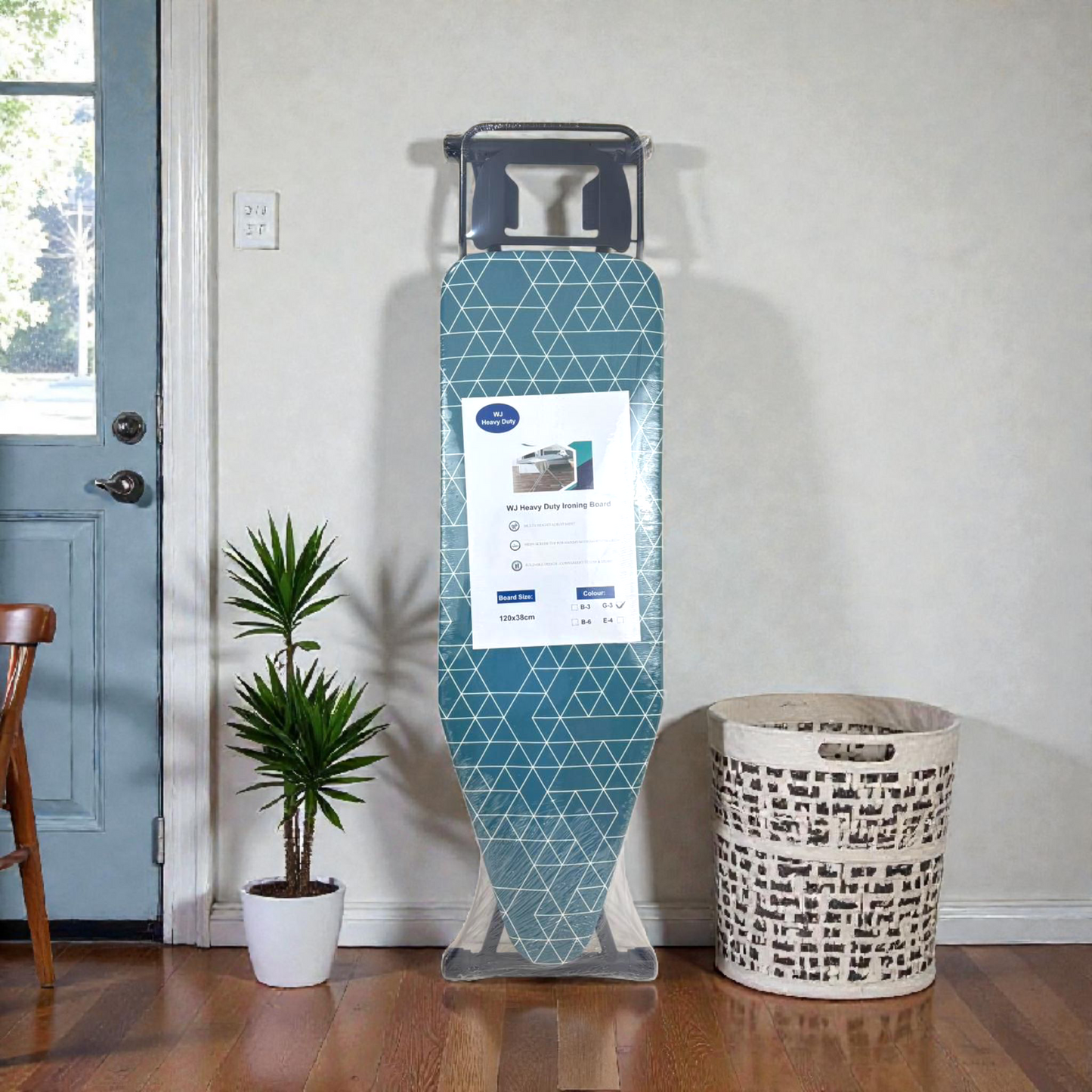 Heavy-Duty Foldable Ironing Board with Adjustable Height – Heat-Resistant Cover, Modern Geometric Design (Blue)