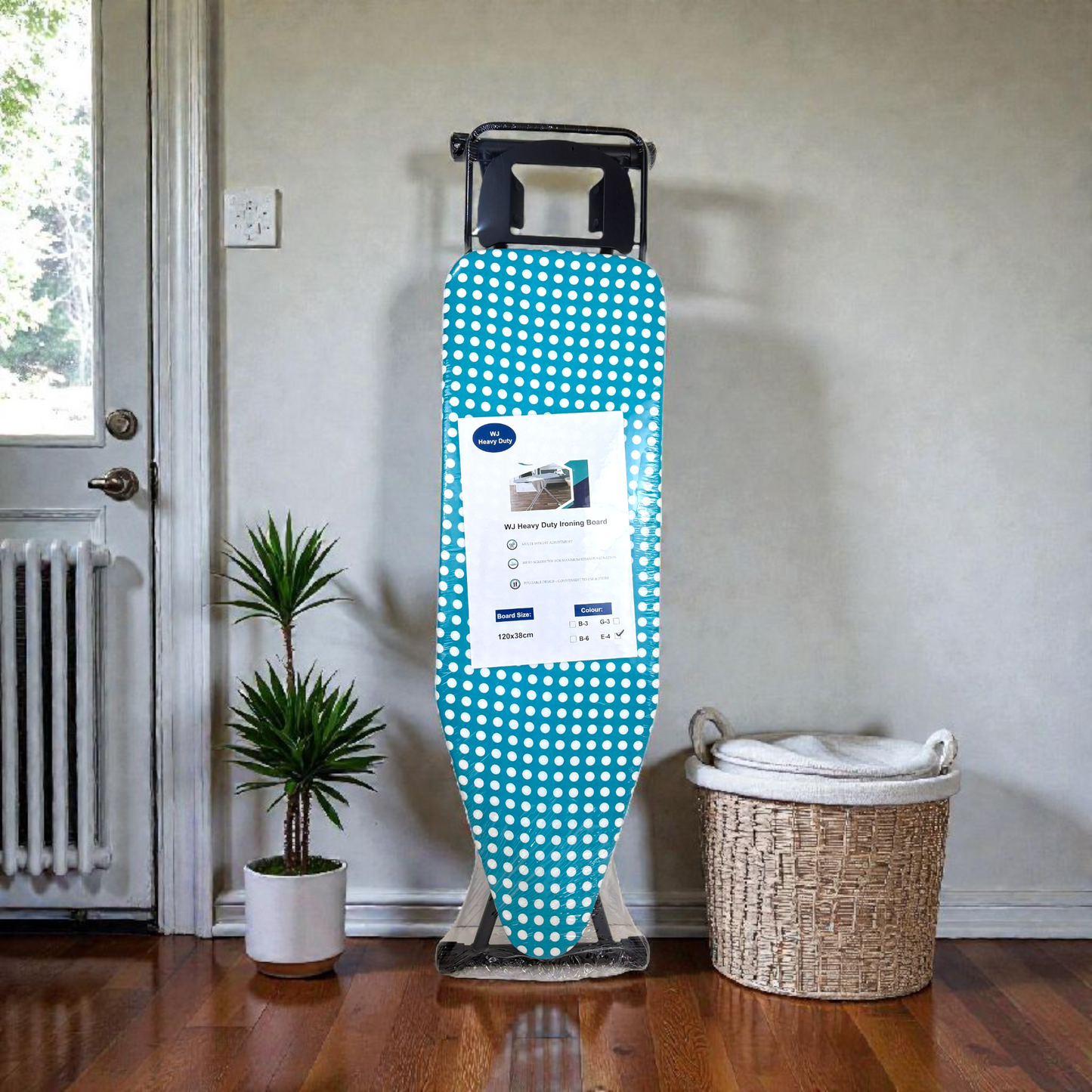 Heavy-Duty Ironing Board with Foldable Stand – Adjustable Height, Heat-Resistant Cover, Blue Polka Dot Design