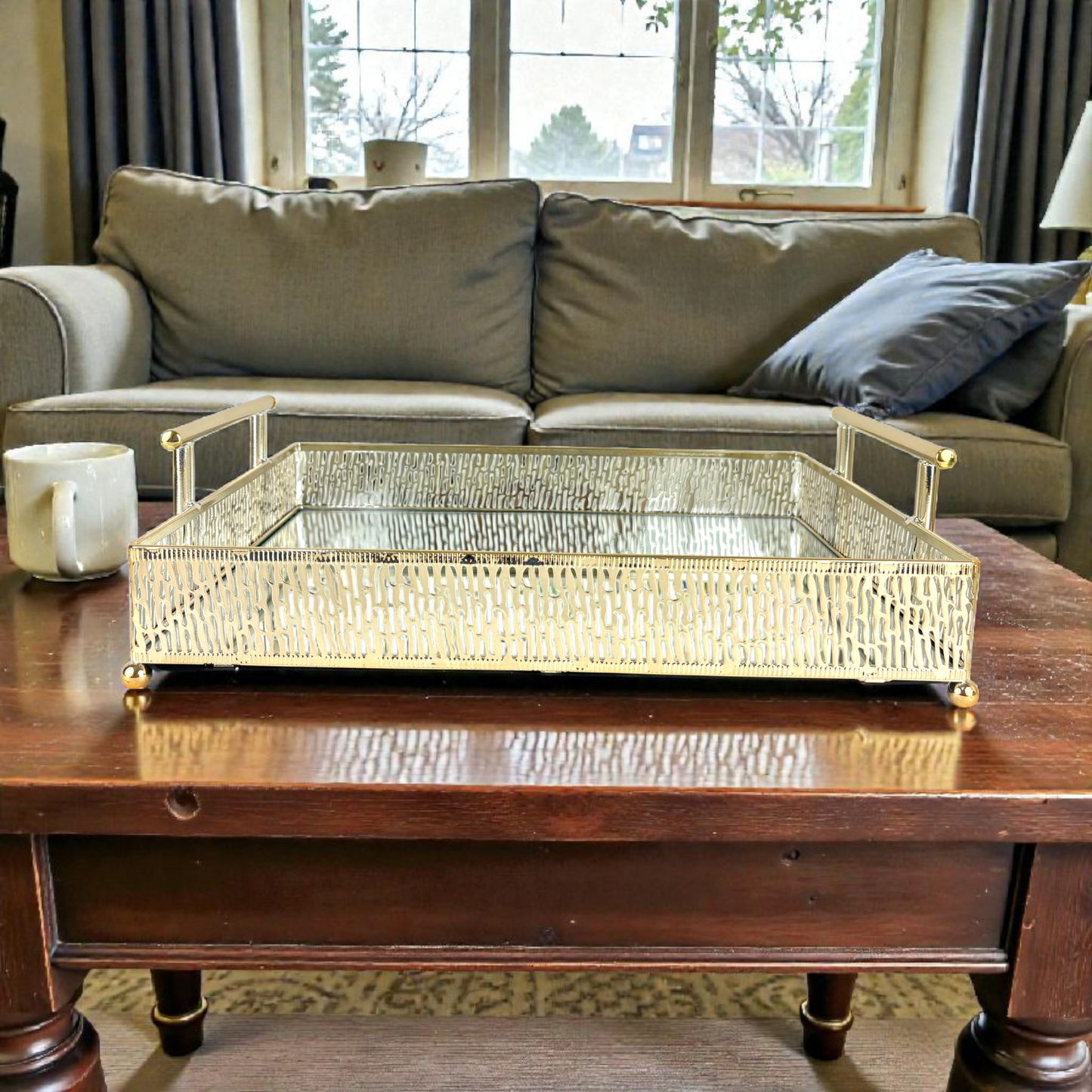 Luxury Gold Metal Decorative Tray with Glass Base – Serving, Vanity &amp; Home Décor Organizer