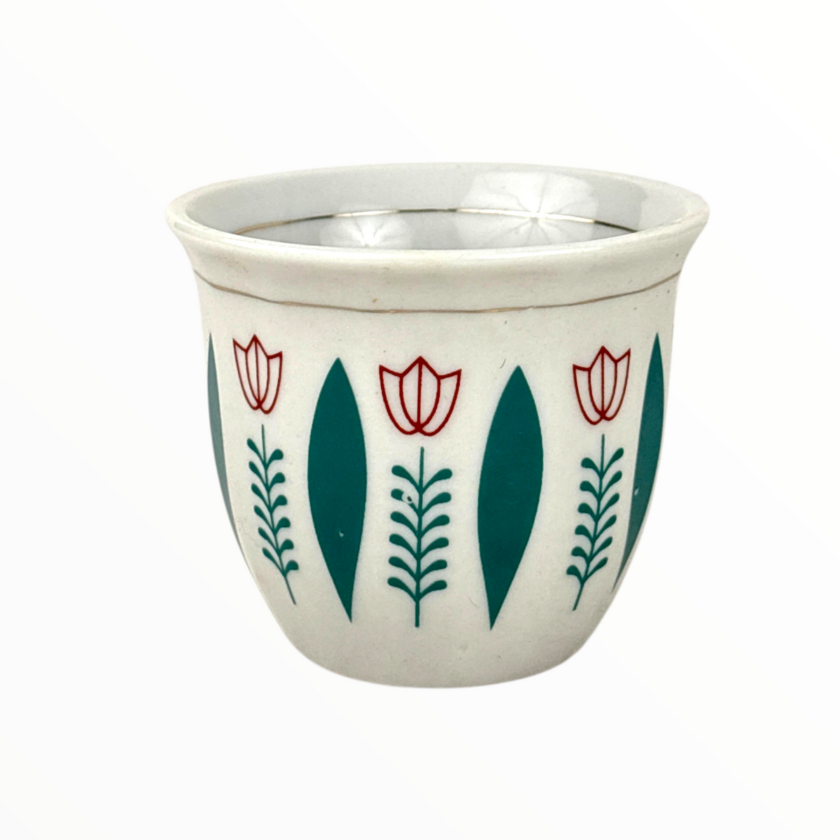 Traditional Arabic Coffee Cup – White Ceramic Finjan with green & Red Floral Design set 12pcs