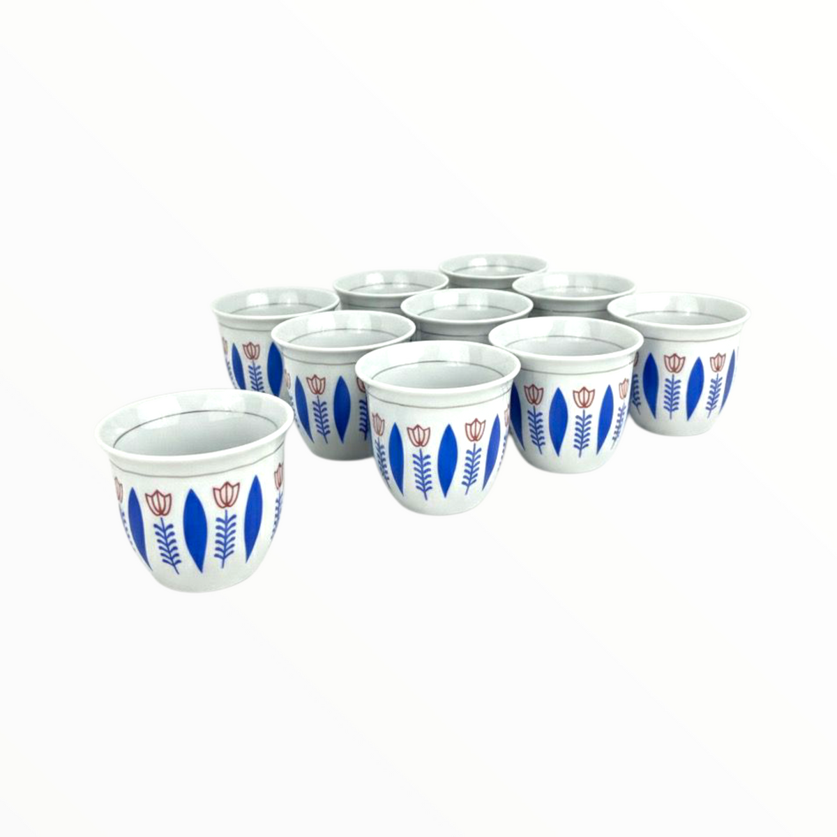 Traditional Arabic Coffee Cup – White Ceramic Finjan with Blue & Red Floral Design set 12 pcs