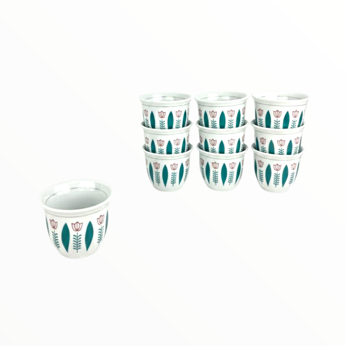 Traditional Arabic Coffee Cup – White Ceramic Finjan with green & Red Floral Design set 12pcs