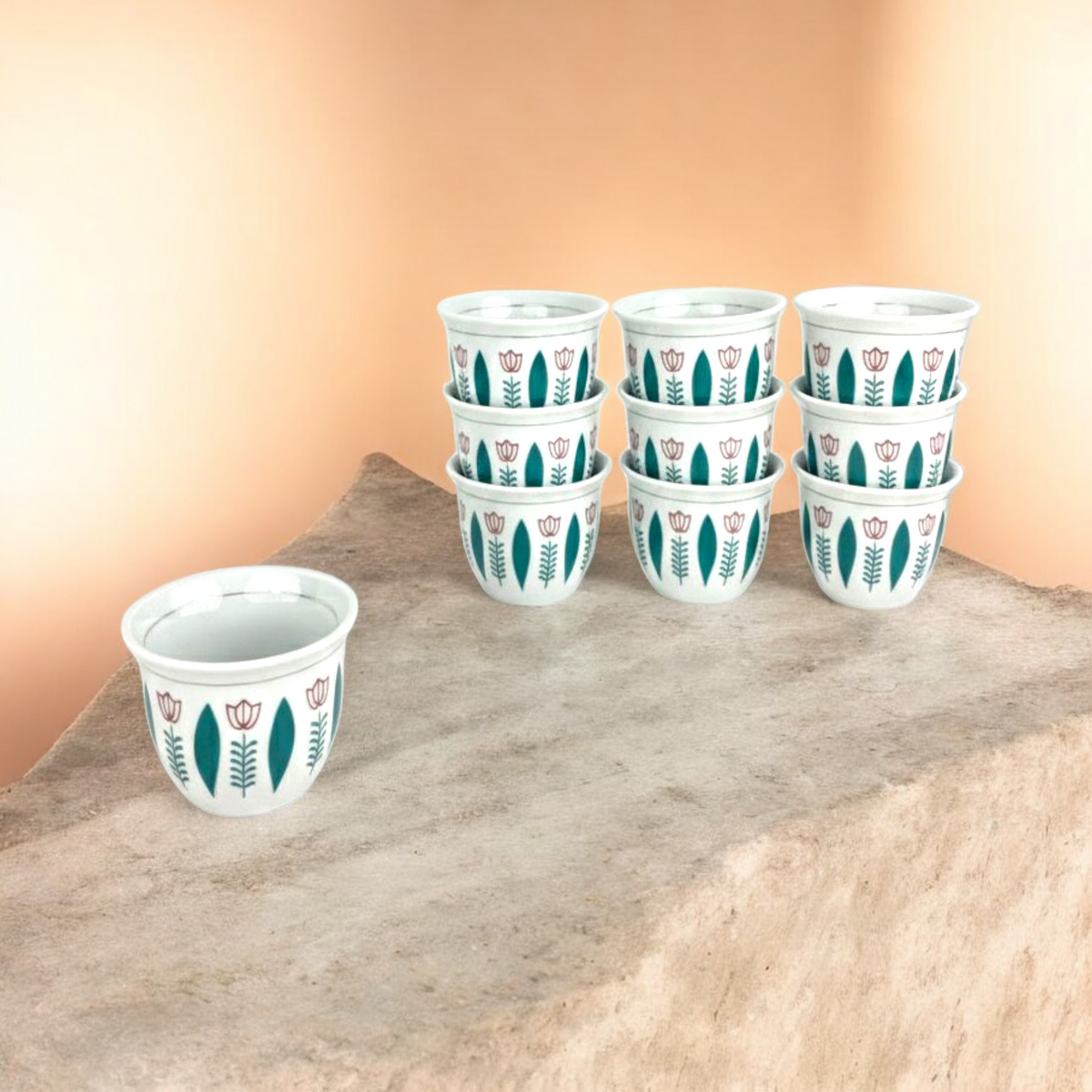 Traditional Arabic Coffee Cup – White Ceramic Finjan with green & Red Floral Design set 12pcs