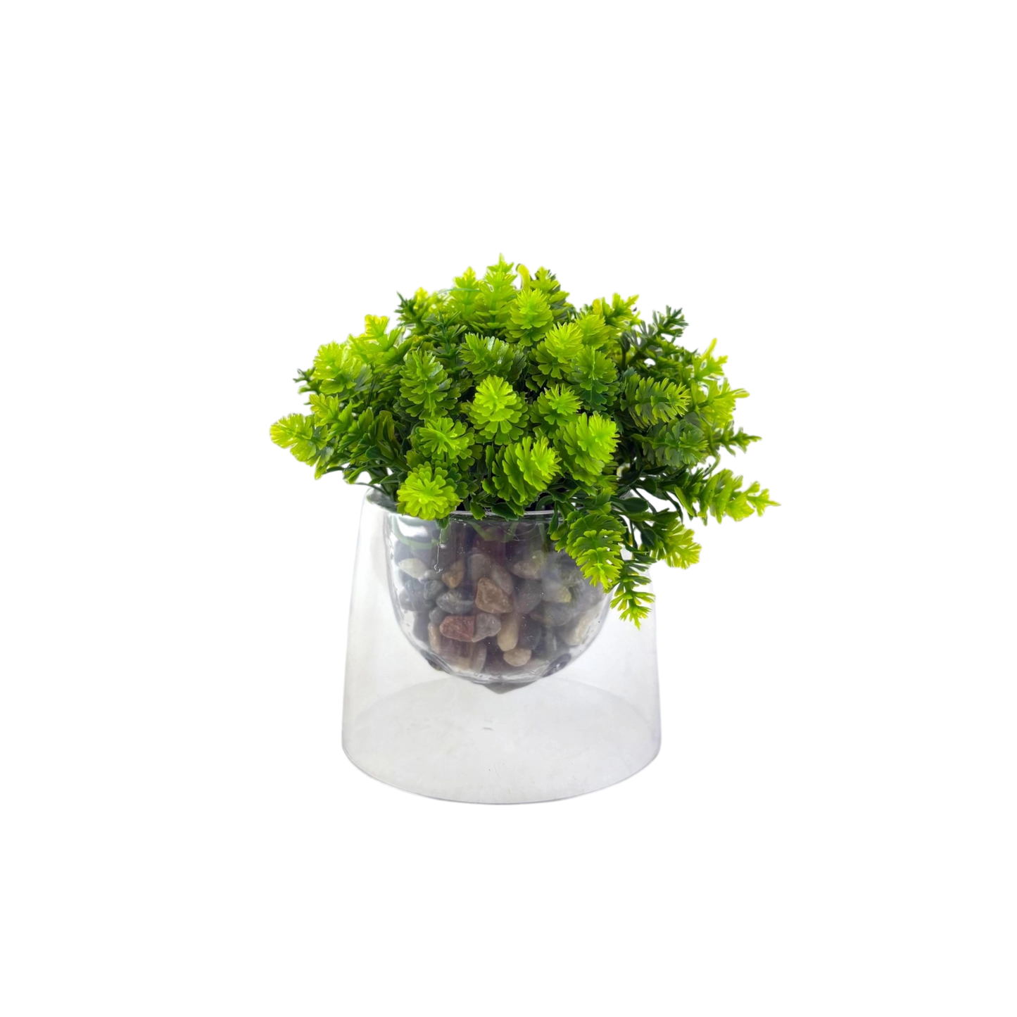 Artificial Green Plant in Clear Glass Pot – Pebble Base Accent