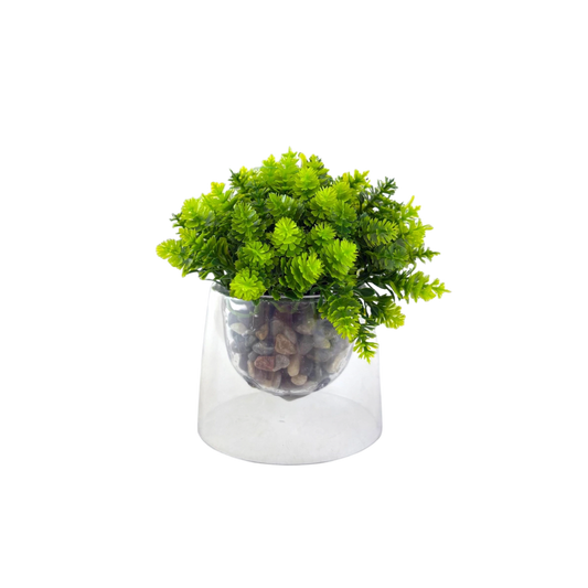 Artificial Green Plant in Clear Glass Pot – Pebble Base Accent