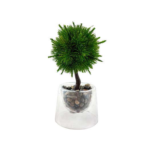 Mini Artificial Pine Tree in Glass Pot – Pebble Base Decor