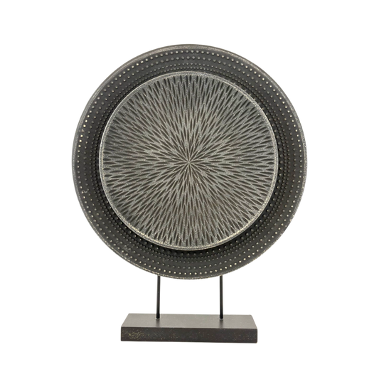 Textured Black Mandala Disc Sculpture – Decorative Stand Art