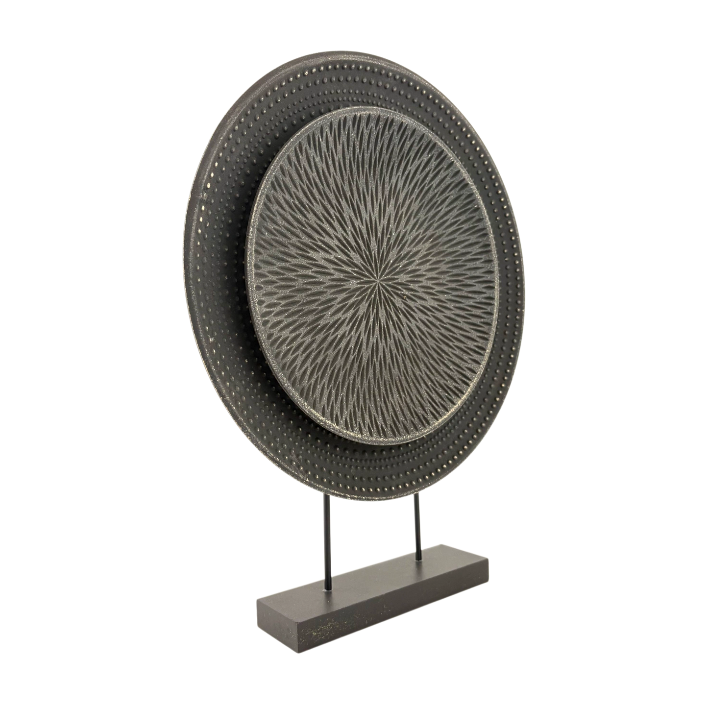 Textured Black Mandala Disc Sculpture – Decorative Stand Art