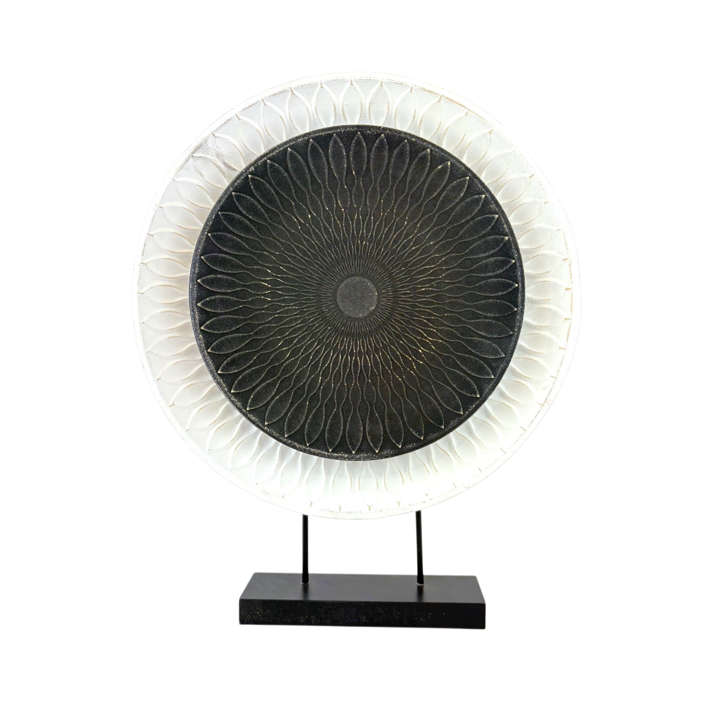 Mandala Sunburst Disc Sculpture – Black & White Decorative Art on Stand