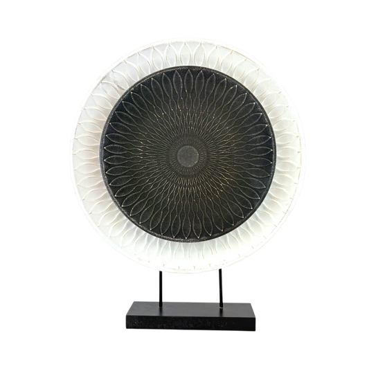 Mandala Sunburst Disc Sculpture – Black & White Decorative Art on Stand