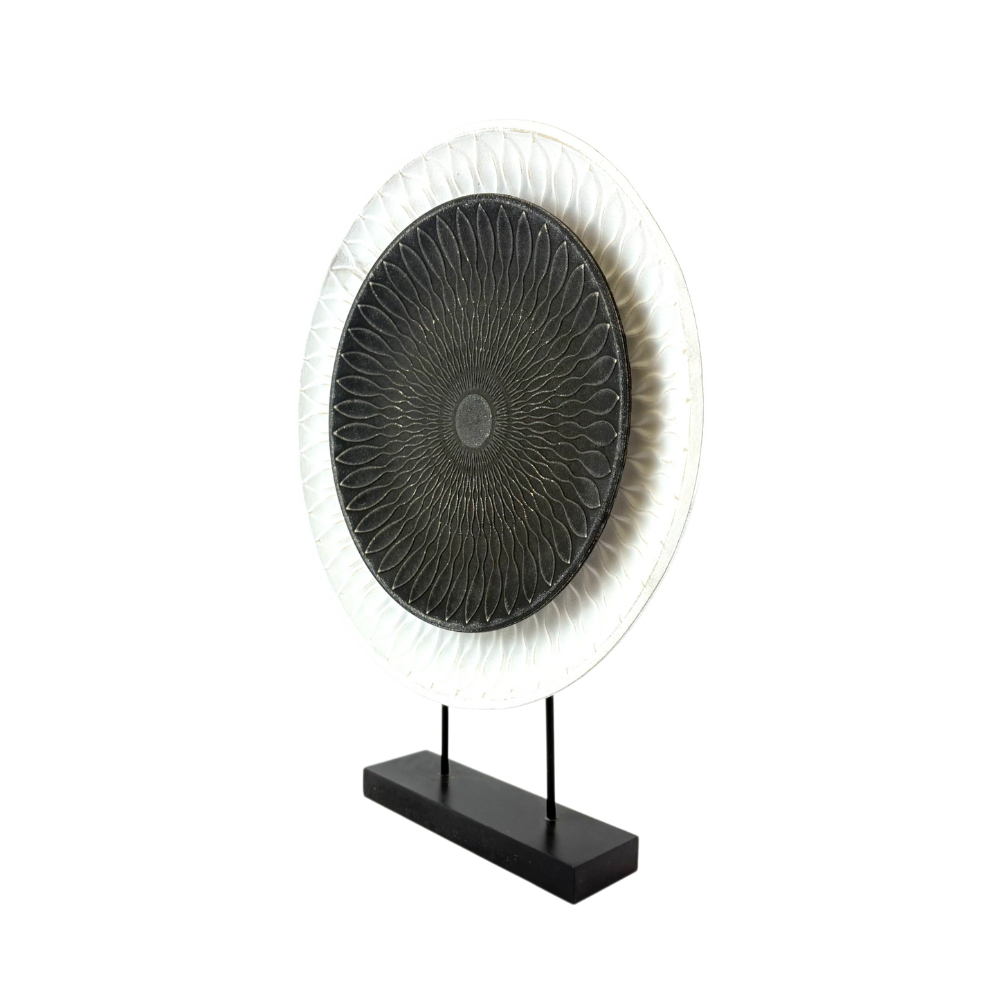 Mandala Sunburst Disc Sculpture – Black & White Decorative Art on Stand