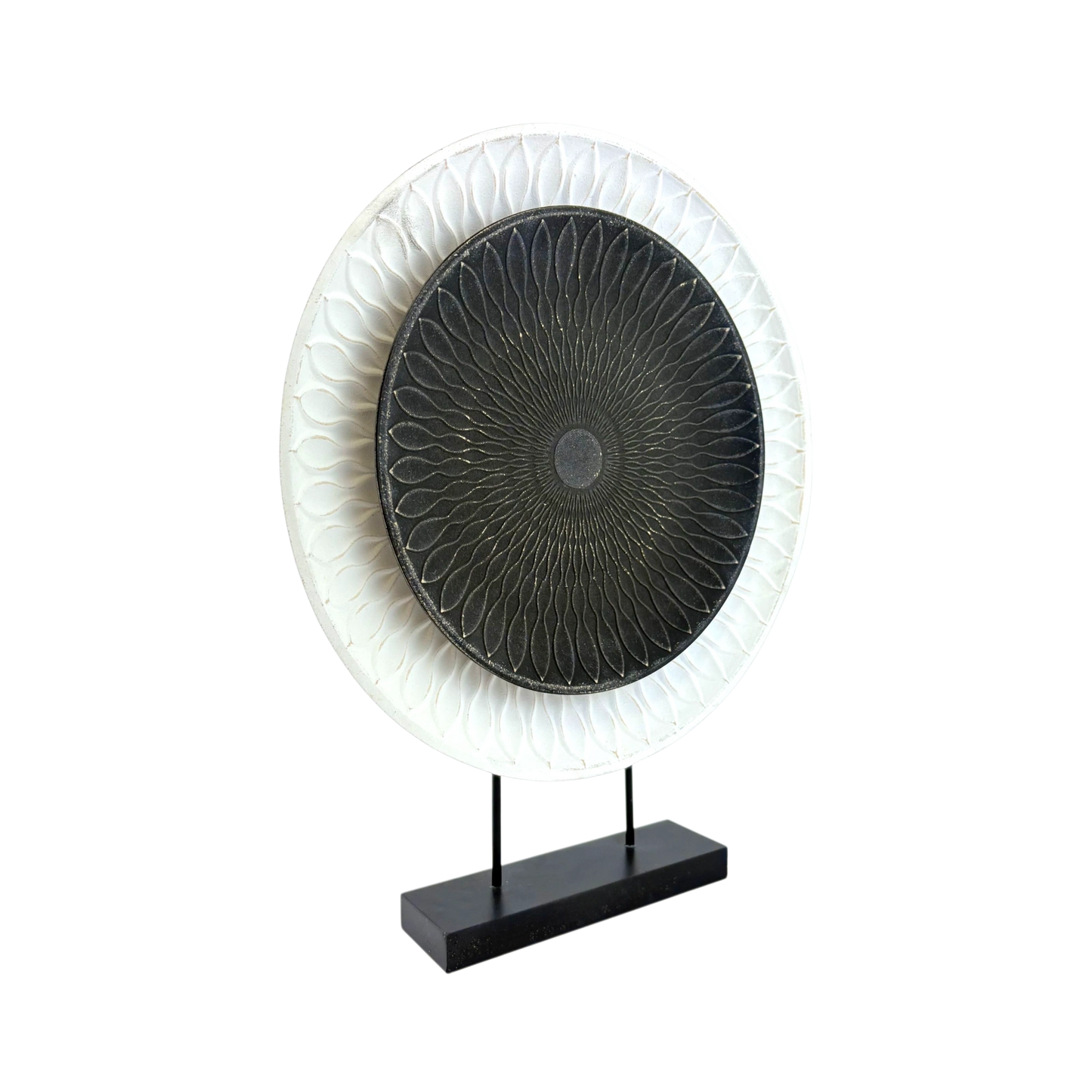 Mandala Sunburst Disc Sculpture – Black & White Decorative Art on Stand