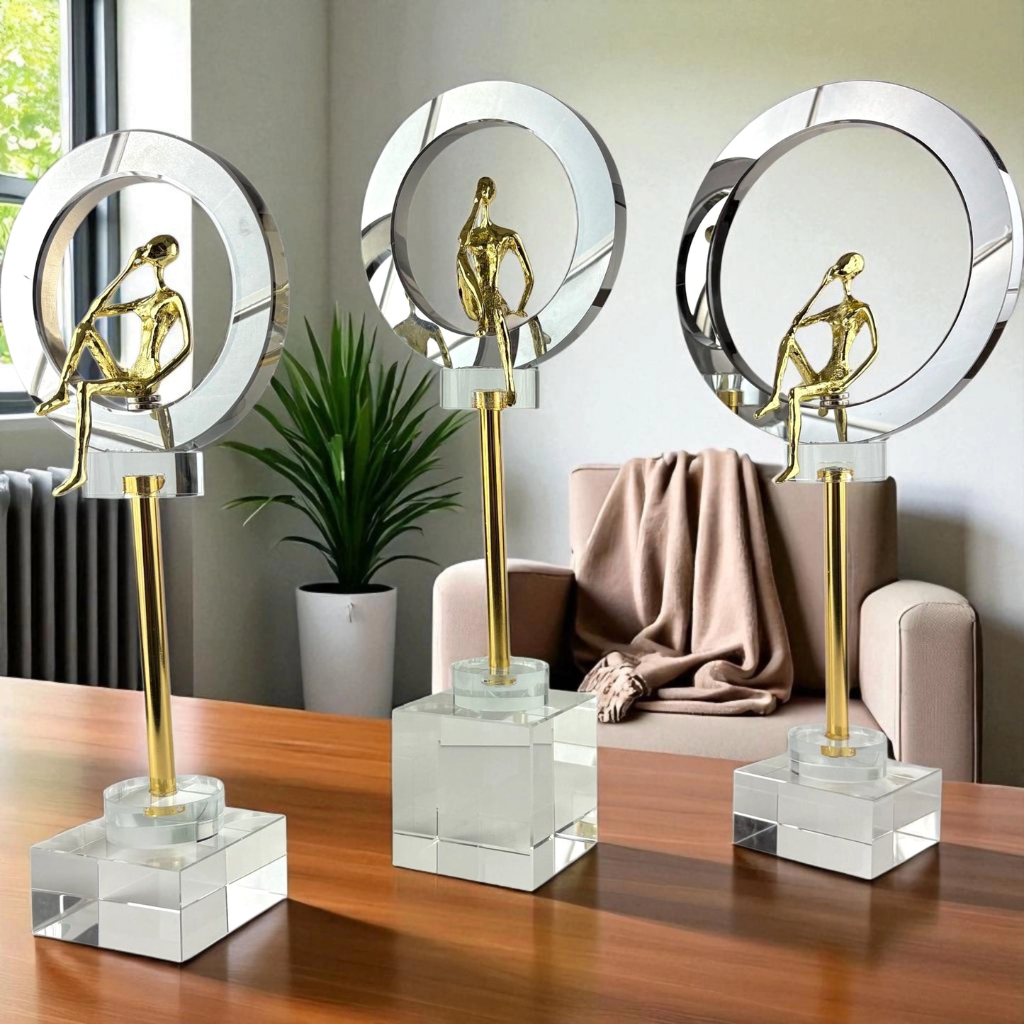 Crystal Ring Thinker Sculptures – Set of 3 Modern Art Figurines