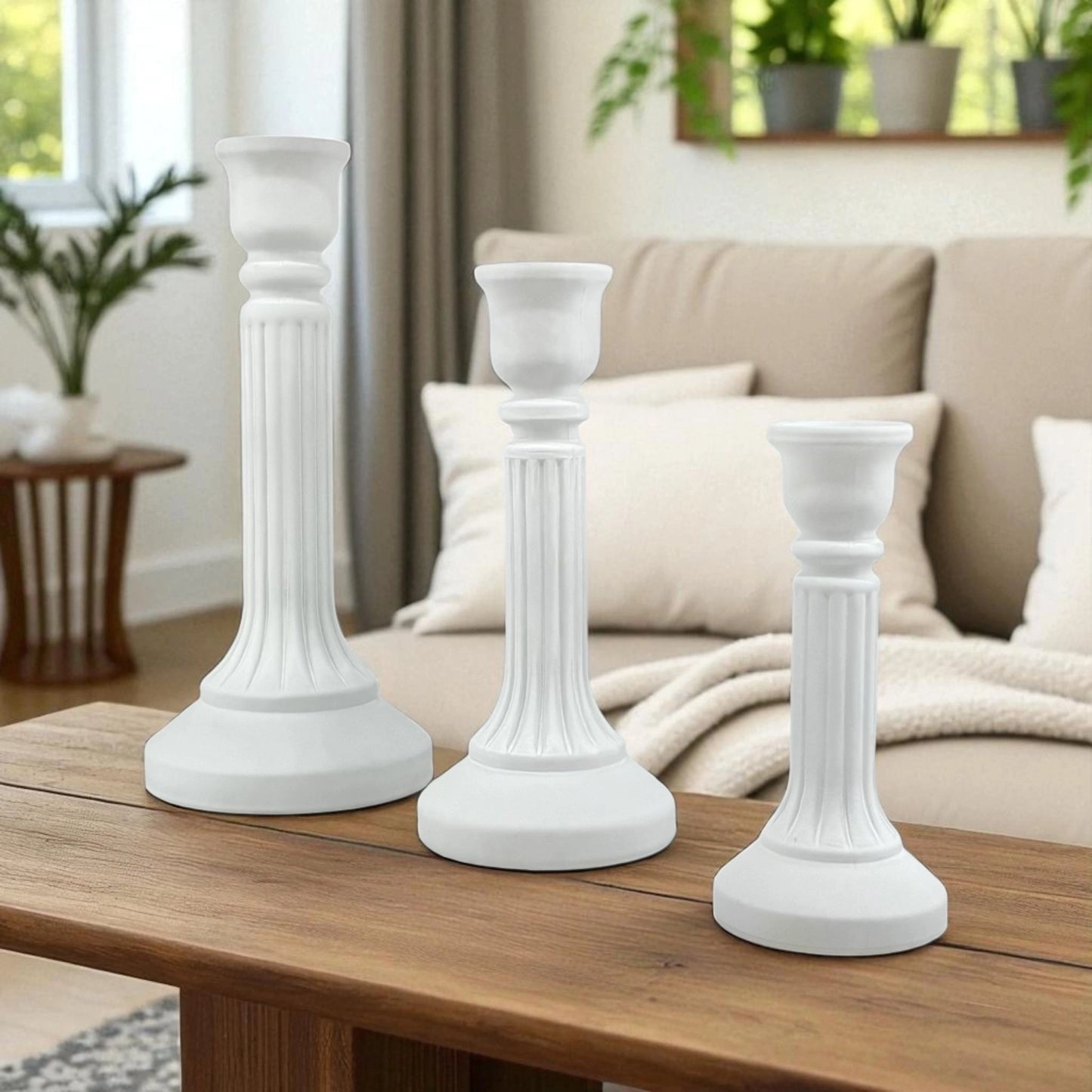 White Classic Pillar Candle Holders – Set of 3 Elegant Stands
