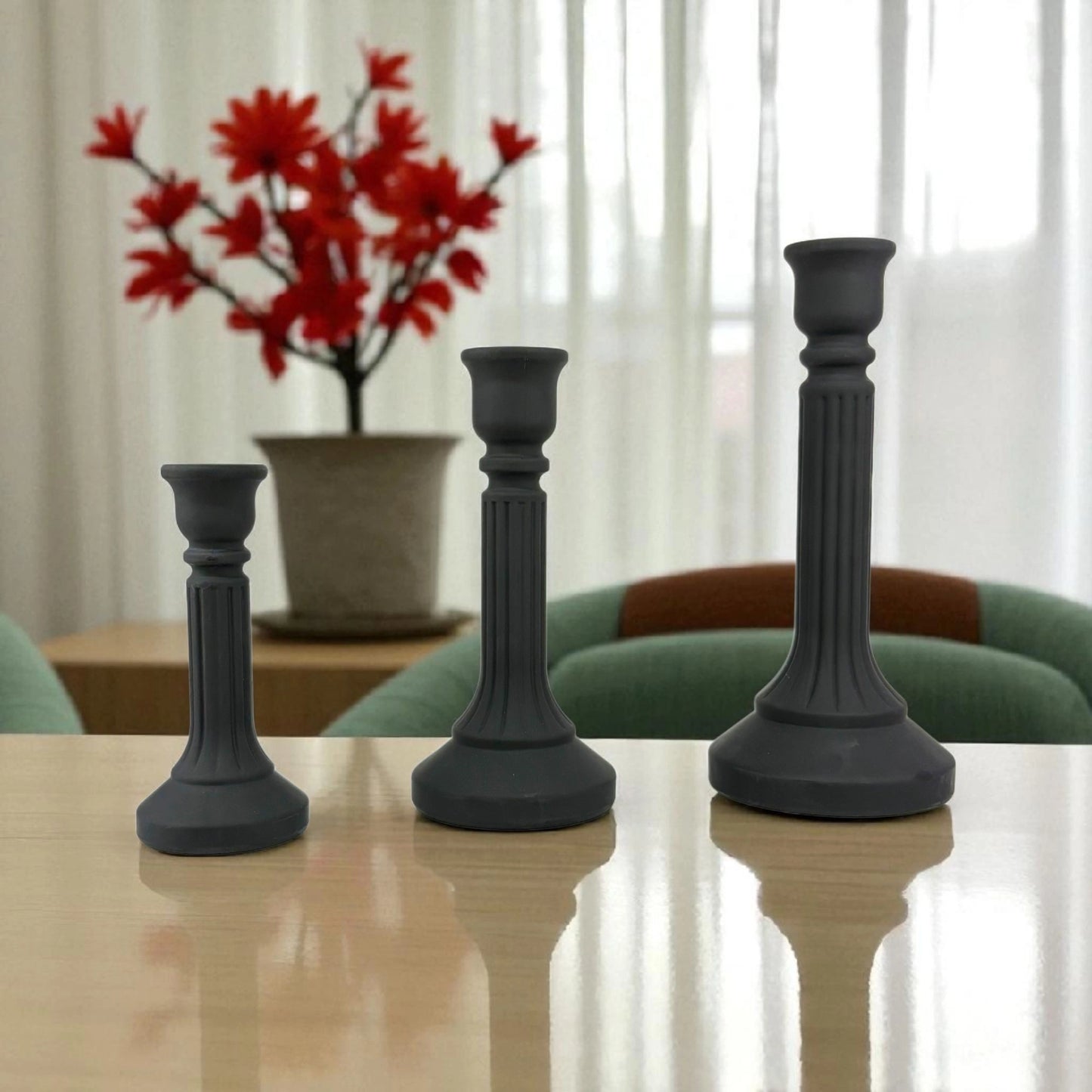 Matte Black Candle Holders – Set of 3 Decorative Pillar Stands