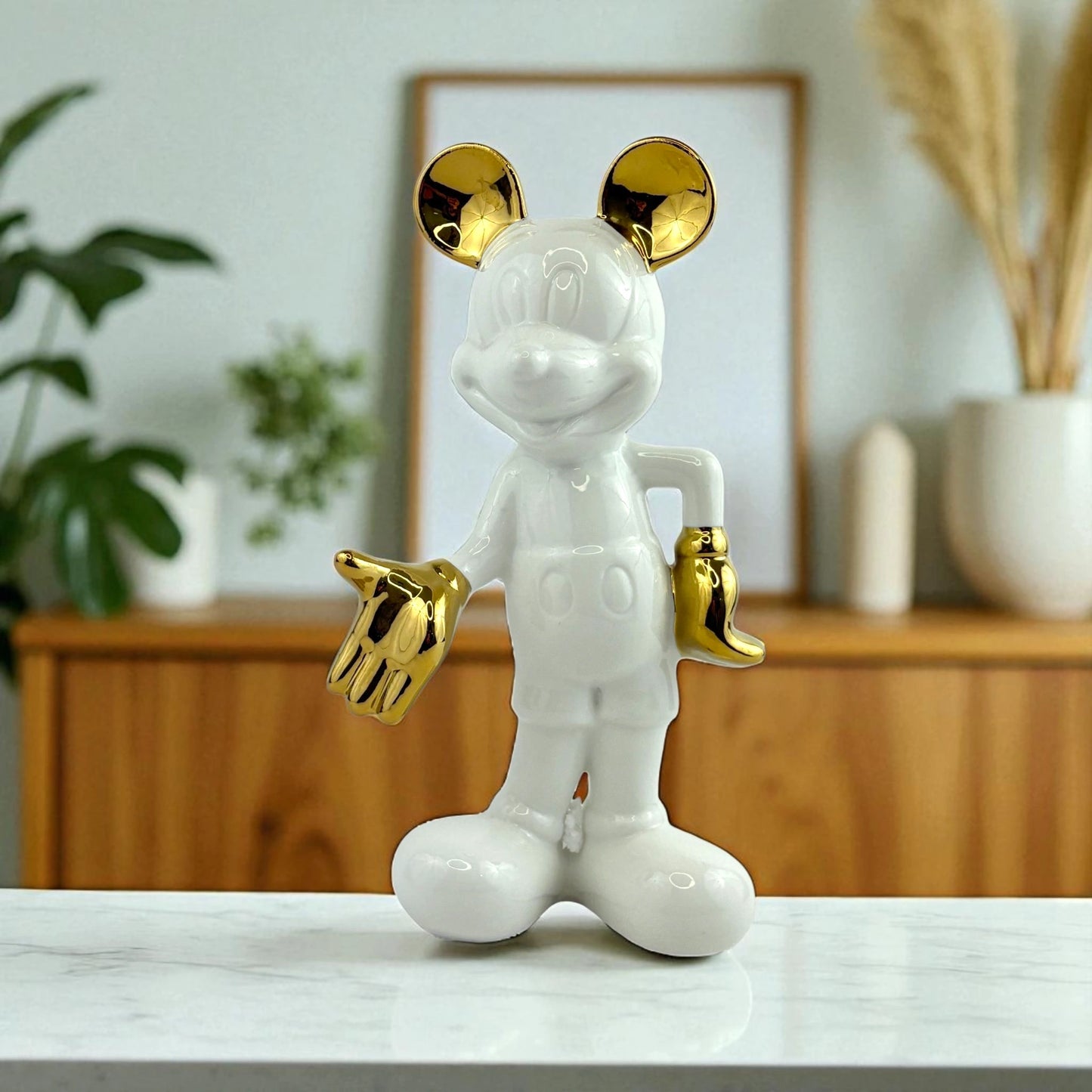 White and Gold Mickey-Inspired Ceramic Statue – Luxe Pop Art Decor