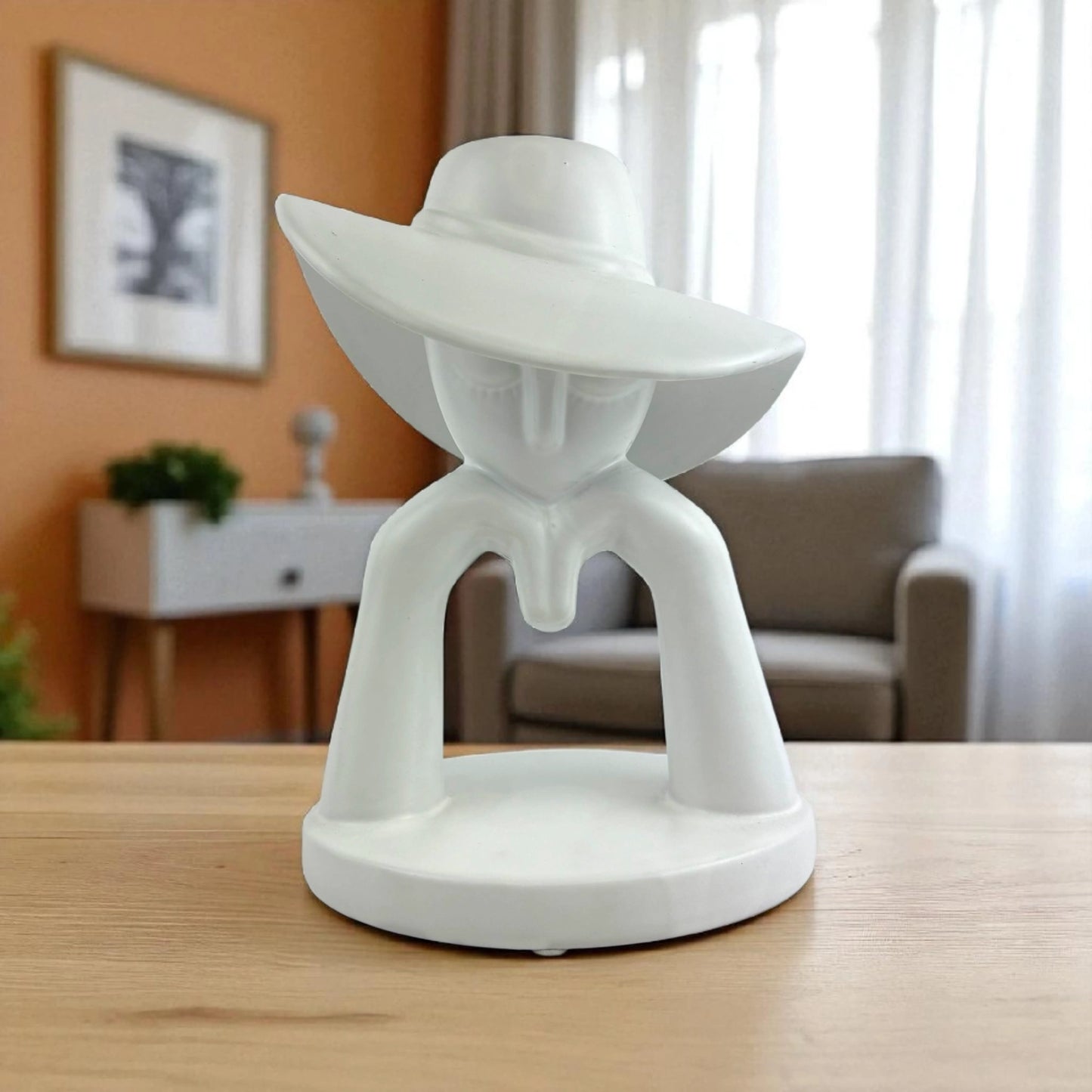 Minimalist Lady Sculpture in Hat – White Ceramic Art