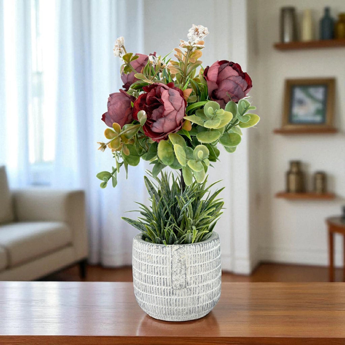 Artificial Burgundy Peony Arrangement in Textured Pot