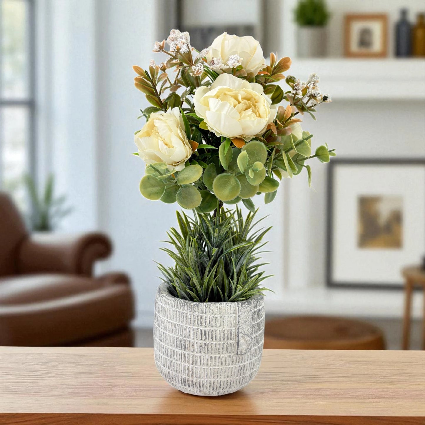 Artificial White Peony with Eucalyptus in Textured Pot