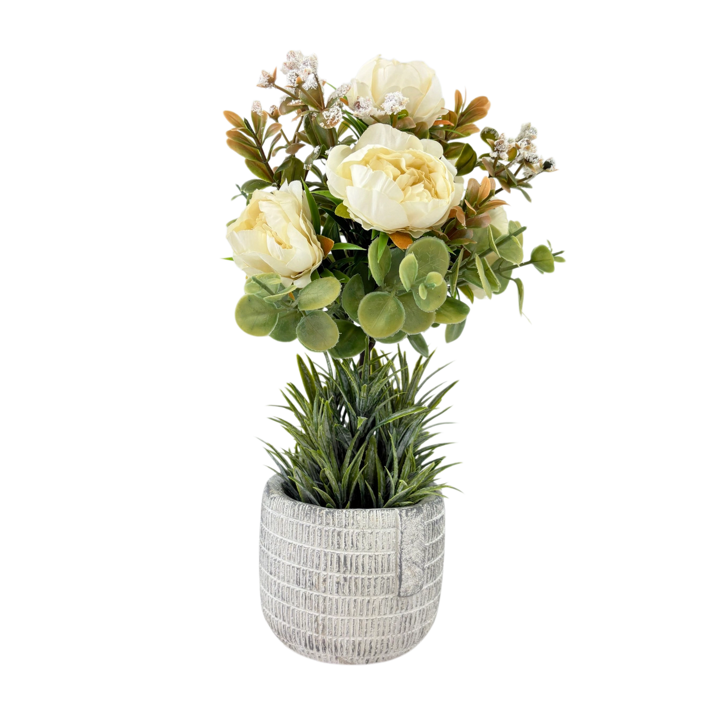 Artificial White Peony with Eucalyptus in Textured Pot