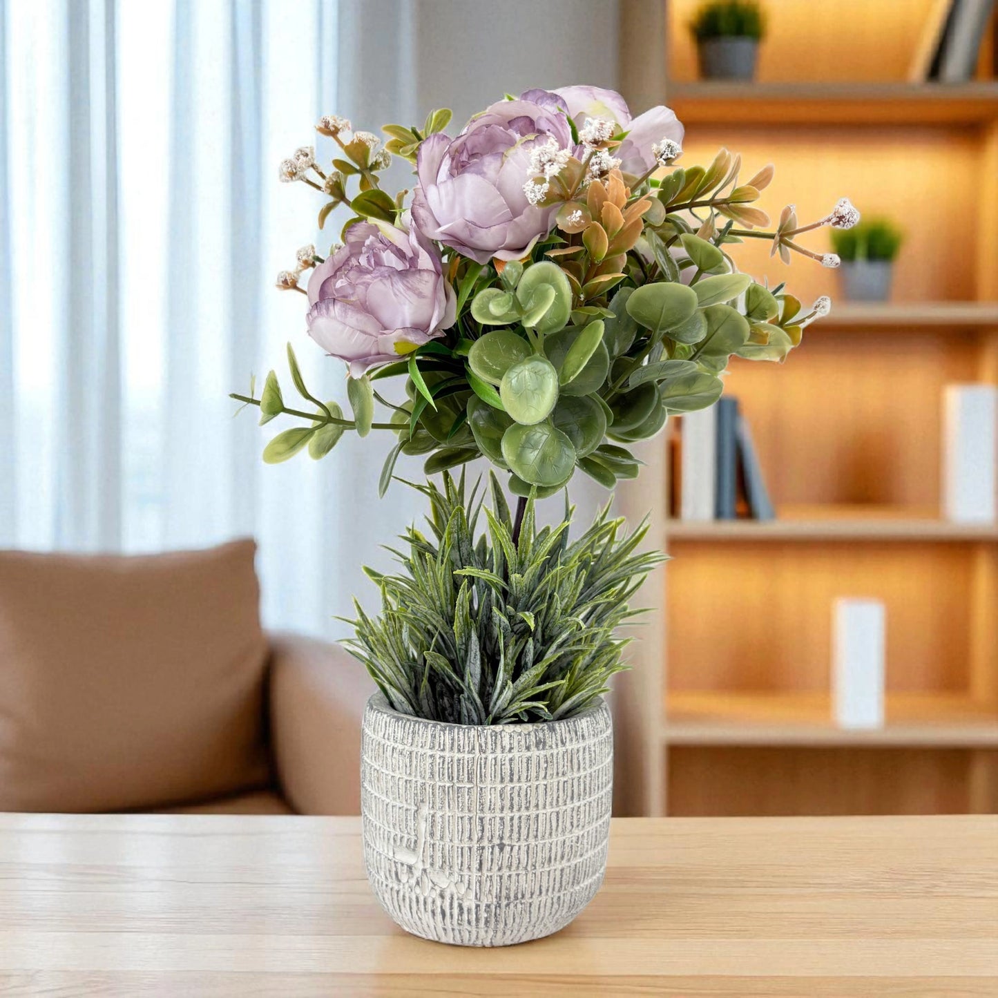 Artificial Lavender Peony Arrangement in Textured Pot
